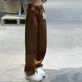 Women Vintage Streetwear Brown Baggy Cargo Jeans High Waiste Straight Wide Leg Pants Denim Trousers Fairy Grunge Alt