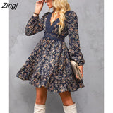PETAL Ditsy Floral Lace Mini Dress For Woman Sexy V-neck Ruffled Long Sleeve Party Dress 2023 Spring Autumn Female