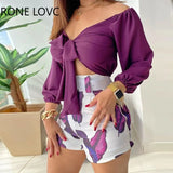 Spring V Neck Floral Print Tie Front Crop Top & Leaves Print Shorts Set Women Sets 2 Piece