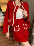 Winter Fashion Plaid Red Tweed Two Piece Set Women Pearls Single Breasted Fringed Woolen Jackets Coat + Pocket Mini