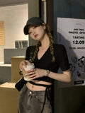 Summer Casual Tee Tops Women T shirts Solid V-neck Sexy Cropped Cross Tie-Up Harajuku Basic Korean Street T-shirts
