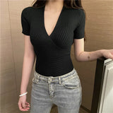 Zingj Spot Summer Large V-Collar, Low-Cut, Sexy, Tight-Fitting White Wine Red Short-Sleeved
