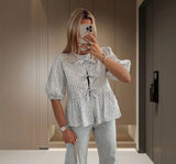 Zingj Fashion Casual Print Hollowed-Out Lace-Up With Lotus Leaf Bubble Sleeves Shirt Women's