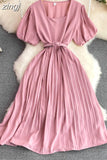 Vintage Pleated Midi Dress Women Green/Red/Blue Square Collar Puff Short Sleeve High Waist Draped Vestidos Female