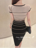 Zingj Korea Dongmen Summer Style Oblique V-Collar Shoulder Horizontal Stripe Knitted Color Dress Knitted Fabric Tight