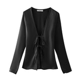 Bowknot Silk Satin Long-Sleeved Shirt In