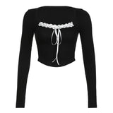Desire Atmosphere Tie-Up Small Sexy Square Collar Low-Cut Slim Pink Long-Sleeved T-Shirt 2024 Spring / Summer New