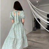 Vintage Green Dress Women Elegant Square Collar Puff Sleeve Jacquard Backless Midi Dress Ladies Retro Chic Korean