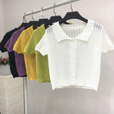 Sweater Women's 2024 Summer Korean Version Of Single-Breasted Polo Collar Knitted T-Shirt Short Style Short-Sleeved