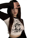 Black And White Stitching Contrast Color Cotton Printed Short Top Tight-Fitting Long-Sleeved T-shirt Women Grunge