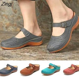 New Women Flat Shoes Mules For Women PU Leather Round Head Sandals Closed Toe Sandals Women Slipper Non-slip Retro