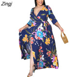 Women's Dress Sexy V-Neck Seven-Sleeve Polyester+ spandex Casual Long Split Dress Printed Party Elegant