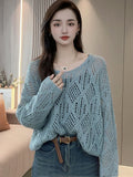 Zingj Lazy Wind Hollow Out V-Neck Sweater Female Spring And Summer 2024 New Fashion Versatile Show Thin Long-Sleeved