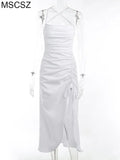 Backless Sexy Beach Party Dress Women Spaghetti Strap Drawstring Ruched Long Dress Cross Bandage Bodycon Summer Dress
