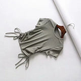 Side Drawstring Tie Up Ruched Tank Tops Women Solid Color Slim Crop Top Ladies Streetwear Ribbed Knitted