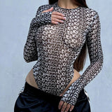 Printed Chaochao Brand Mesh Spicy Girls' Conjoined Clothes Are Sexually Transparent Long-Sleeved Tight Fashionable Women's