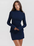 Dark Blue Long Sleeve Bodycon Mini Dress-Outfit