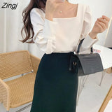 Women Square Collar Lantern Sleeve Solid Single Breasted Simple Design Korean Style Office Lady All-match Trendy