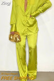 Solid Satin Two Piece Set Women Casual Loose Suit Single Breasted Turn Down Collar Long Sleeve Shirt Top Wide Leg