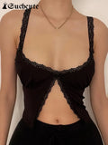 SUCHCUTE Sexy Split Lace Up T-shirts For Women Aesthetic Casual Fairycore Crop Tops Harajuku 90s Solid Backless Clothes