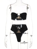 Metal Pins 2 Layers Bodycon Tube Top Panty Two Piece Set Women Summer Bathing Suit Beach Wear Black