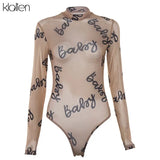 2021 Summer Sexy Letter Print Transparent Mesh Bodysuits Long Sleeve See Through Baby Bodycon Rompers Women