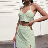 Skirt Suit Sexy Short High Waist European 2022 Summer Halter Camisole 2-piece Set Women's Light Green Plaid Suspenders