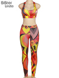 Colorful Print Women Two Piece Tracksuit Set Sleeveless Bare Midriff Top+High Waist Leggings Matching