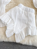 Two Piece Set Women 2024 Summer New High Street Fashion Sexy French Outfits Navel Blouses + Solid Wild Ruffles