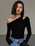 Skew Collar Off-shoulder Long-sleeved T-shirts Women Spring 2023 New Solid Slim Fit Crop Top Sexy Hollow Out Tees