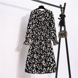 Summer Dress Women Lady Korean Style Vintage Floral Printed Cotton-Chiffon Shirt Dress Long Sleeve Bow Midi Dress