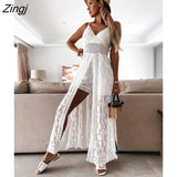 PETAL V-neck Cut Out Maxi Dress For Woman Sexy Spaghetti Strap Holiday Party Split Romper Dress 2023 Summer Female