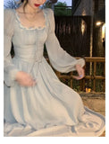 Elegant Square Neck Chiffon Dress for Women 2023 Summer Evening Party Long Sleeve Female Dress Casual Fashion Midi