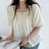 Crochet Square Collar Puff Sleeve BlouseOutfit