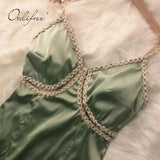2022 Summer Women Green Satin Dress Vintage Beading Silk Sexy Slit Party Midi