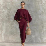 Shein Round Collar Long-Sleeved Top High Waist Skirt Suit Women's