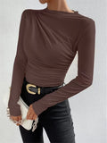 Summer Solid Color Round Collar Repair Shirt Bran Folding Design Women's Long-Sleeved