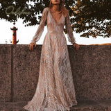 2022 Summer Women Maxi Party Dress Long Sleeve See Through Sexy Transparent Silver Sequin Mesh Long