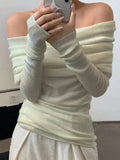 French Off Shoulder Slim Long Sleeve Knit-Outfit