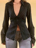striped long sleeve blouse with V-neck and