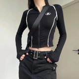 Zingj Line Sense Letter Embroidered Zipper Long Sleeve T-Shirt New Street Shoulder Sleeve Slim Cardigan