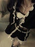 Piece Sets Womens Outfits Summer 2022 White Crop Top Black Cardigan Shorts Lace Trim Cute Short Sets Kawaii Clothes for