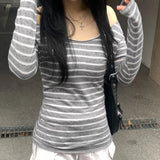 Striped Shoulder Long-Sleeved Blouse With A Lazy Wind And A Light Smock To Cover The Meat Shows A Thin