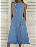 Neck Long Skirt Sleeveless Washed Denim Casual Plus Size