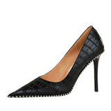 Zingj Retro Stone Grain High Heels Women's Shoes Heel High Heel Shallow Pointed Metal Beads Rivet Women's Singles