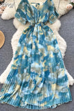 Vintage Women Printed Pleated Long Dress Elegant V-Neck Short Sleeve Ruffle Maxi Vestidos Female Beach Draped Robe