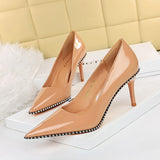 Zingj Sexy Super High Heel Retro Metal Chain Riveted Painted Leather Shallow Pointed High Heels Women's Singles