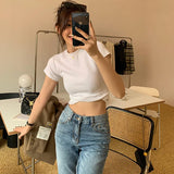 Cotton Shoulder Short-Sleeved T-Shirt Women's Ins Tide Brand Round Collar Folded And Bottomed T-Shirt Slim To Show A Thin White