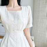 Lace Midi Dresses for Women 2023 New Summer French Embroidery Square Neck Short Sleeve Elegant Fashion Female