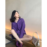 Purple Striped Shirt Fashion Women Blouses 2023 Casual Youth Long Sleeve Tunics Women's Clothing Spring Summer 2023